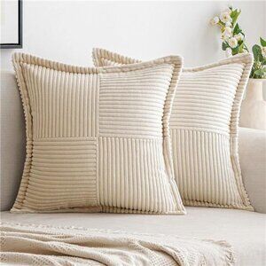Corduroy Pillow Covers,20x20 Boho Striped Decorative Throw Pillow,Set of 2 Beige